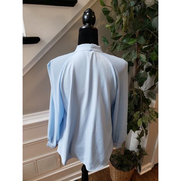 Vintage Acevog Blouse M Light Blue Bow Neck Long Sleeve Button Front Office Top - Picture 8 of 11